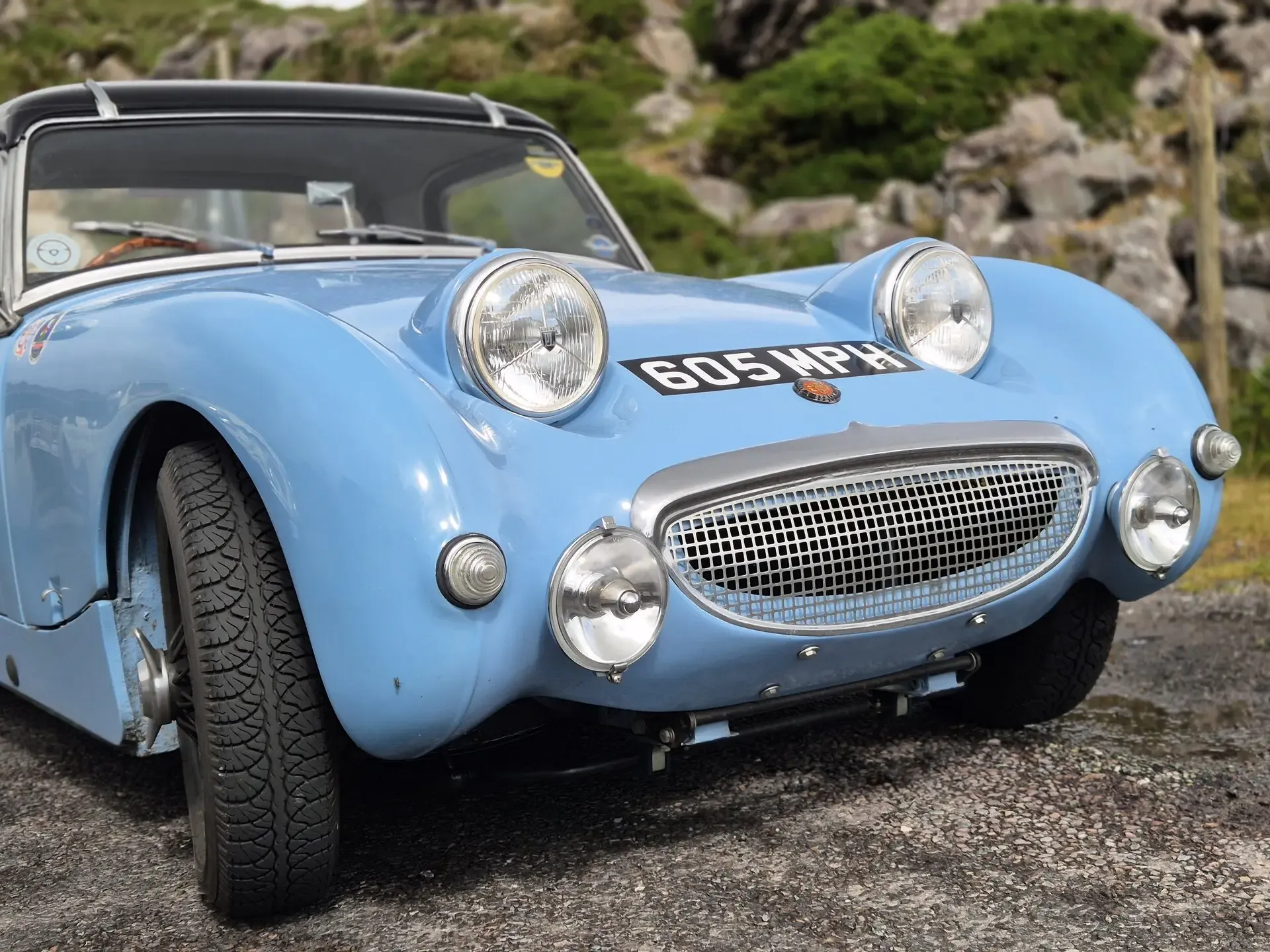 Michelle's & Bill's Austin Healey Mk1 Frogeye Sprite on the Healey Pass in Ireland